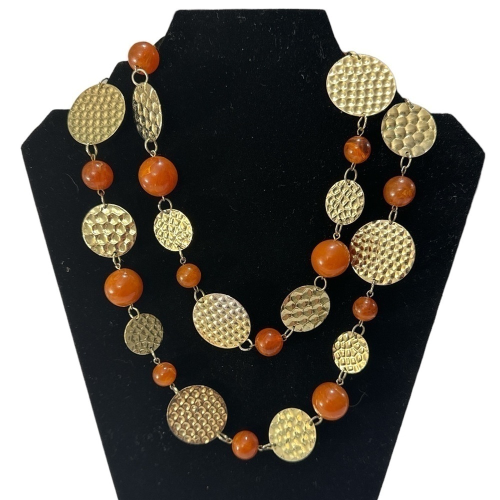 RJ Graziano Orange Beaded and Gold Tone Medallion Necklace